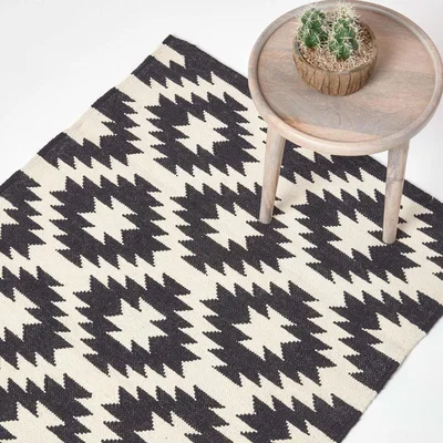 The Range Homescapes Zurich Handwoven Black White Cotton Geometric Kilim Rug - Black / 150cm