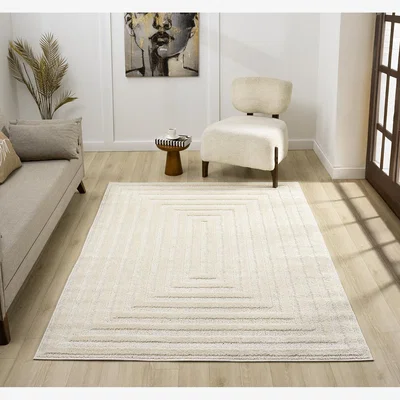 The Range Isabella Living Room Area Rugs - Embossed Geometric Rectangle Design Rug - Cream / 150cm