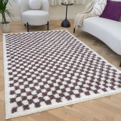 The Range The Rugs Moodi Checkerboard Design Patterned Shaggy Rug - Purple / 170cm