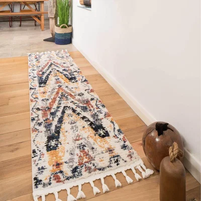 The Range Cream Navy Terracotta Multicolour Aztec Tribal Shaggy Tassel Fringed Area Rug - Multicolour / 240cm