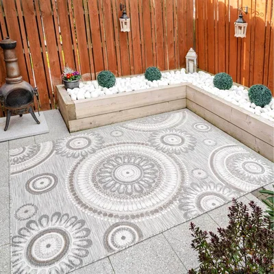 The Range Stone Greige Floral Mandala Textured Flatweave Indoor Outdoor Rug - Stone / 230 x 153cm