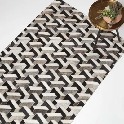 The Range Homescapes Grey Black Geometric Leather Rug - Grey