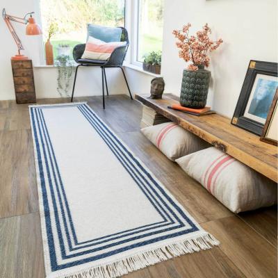 The Range Navy Blue White Bordered Recycled Cotton Reversible Fringed Rug - Navy Blue / 240 x 60cm
