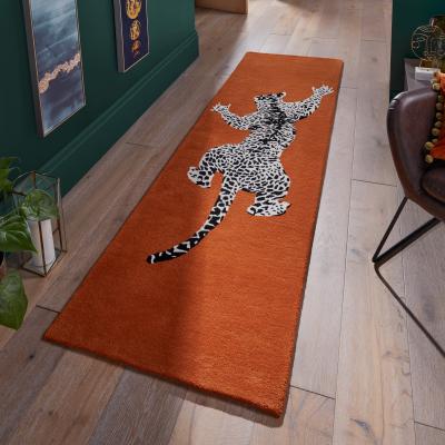 The Rug Seller Climbing Jaguar Modern Wool Runner Rugs in Orange70x240cm