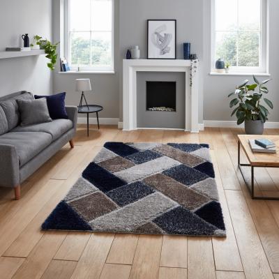 The Rug Seller Olympia 2239 Grey Navy Geometric Shaggy Rug&nbsp;80x150cm