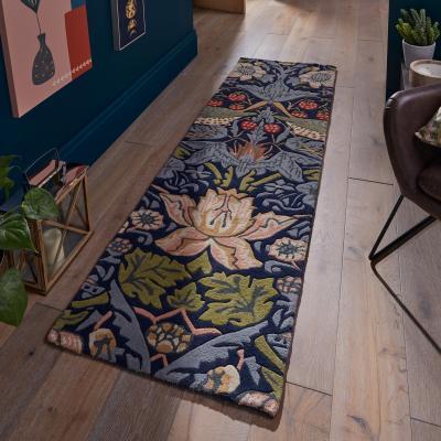 The Rug Seller Strawberry Thief 027708 Runner Rugs in Indigo by William Morris&nbsp;67x230cm