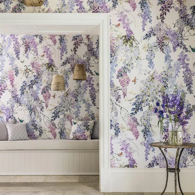 The Rug Seller Wisteria Falls Wallpaper Panel B 216297 by Sanderson in Lilac Purple&nbsp;Roll