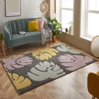 The Rug Seller Portland 7155 D Carved Leaf Rugs in Charcoal Grey Yellow Green Pink