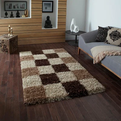 The Rug Seller Vista Shaggy Rugs 2247 Check Beige Brown