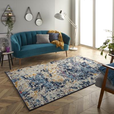 The Rug Seller Gilbert 531 B Distressed Abstract Rugs in Blue Grey Mustard