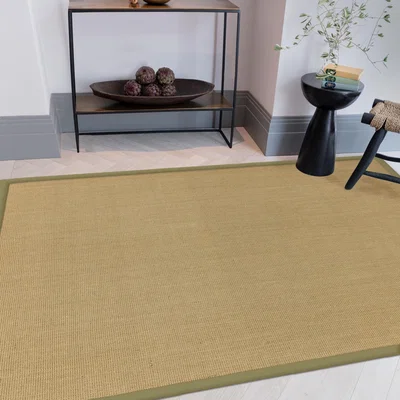 The Rug Seller Sisal Rugs in Linen with Sage Green Border