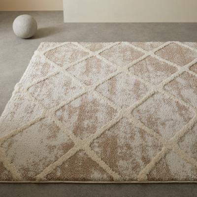 The Rug Seller Tribal 3071J Geometric Diamond Shaggy Rug in Beige Ivory160x230cm