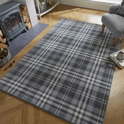 The Rug Seller Loch Kilbirnie Tartan Check Rugs in Silver Grey