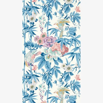 The Rug Seller Bamboo & Birds Wallpaper 217129 by Sanderson in China Blue Lotus Pink&nbsp;Roll
