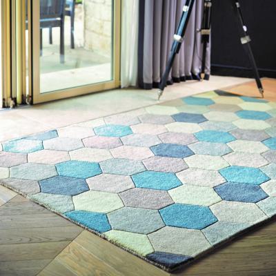 The Rug Seller Hexagon Modern Wool Pattern Rugs in Pastel Blue by Origins&nbsp;80x150cm