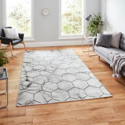 The Rug Seller Craft NG719 Marble Effect Honeycomb Rugs in Grey Silver