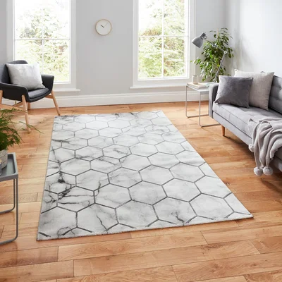 The Rug Seller Craft NG719 Marble Effect Honeycomb Rugs in Grey Silver