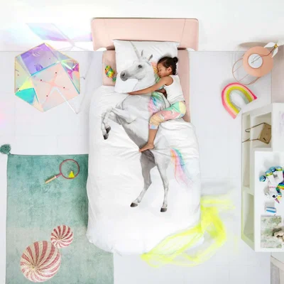 The Rug Seller Unicorn Organic Cotton Kids Bedding in White&nbsp;135X200cm