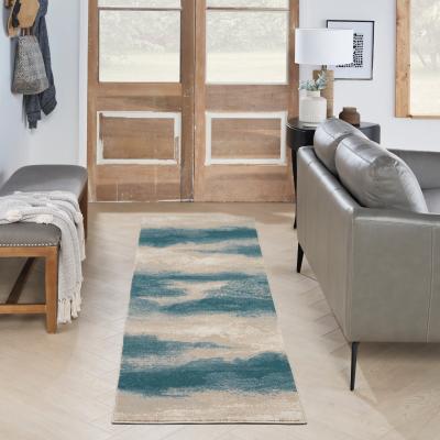 The Rug Seller Maxell Abstract Runner Rugs MAE06 by Nourison in Ivory Teal67x230cm