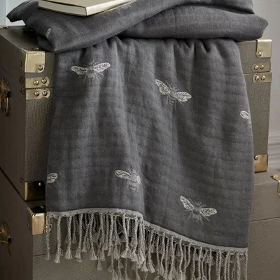 The Rug Seller Bee Cotton Throw by Sophie Allport in Granite Grey150x200cm