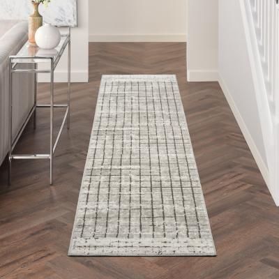 The Rug Seller Quarry QUA13 Geometric Distressed Runner Rugs in Ivory Grey by Nourison