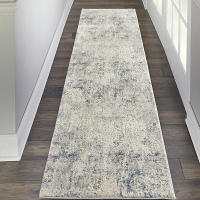 The Rug Seller Rustic Textures Abstract Runner Rugs RUS07 in Ivory Grey Blue&nbsp;66x229cm