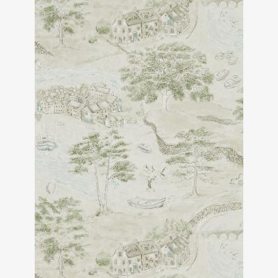 The Rug Seller Sea Houses Wallpaper 216490 by Sanderson in Green Sand Beige&nbsp;Roll