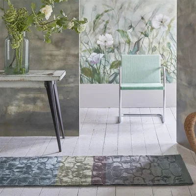 The Rug Seller Ogee Trellis Runner Rug in Ocean Blue By Designers Guild