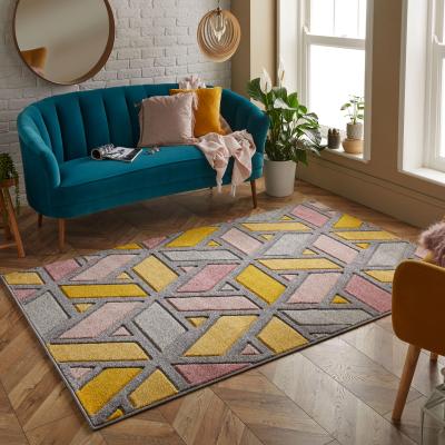 The Rug Seller Portland 5153 U Geometric Carved Rugs in Yellow Pink Grey Cream