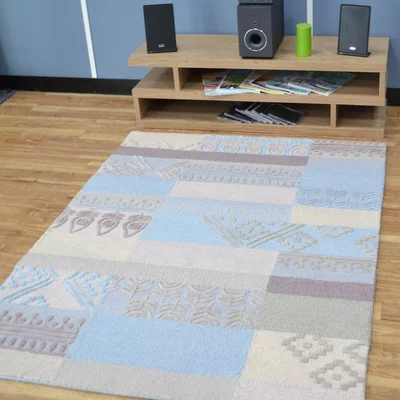 The Rug Seller Milano Patchwork Wool Rugs in Cream and Blue