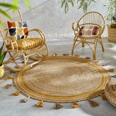 The Rug Seller Lunara Jute Tassled Round Rug in Ochre Yellow
