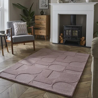 The Rug Seller Arabella Mayfair Geometric Carved Wool Rugs in Mauve Pink&nbsp;120x170cm