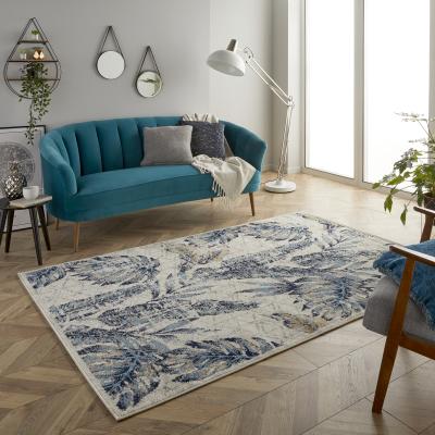 The Rug Seller Gilbert 3 W Distressed Tropical Leaf Rugs in Blue Grey Cream
