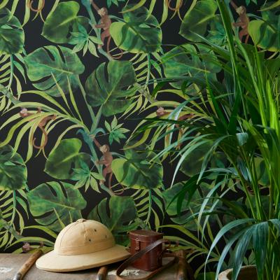 The Rug Seller Monkey Business Wallpaper W0083 01 by Clarke and Clarke in Ebony&nbsp;Roll