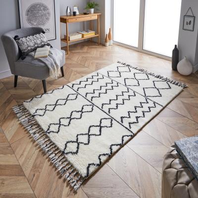 The Rug Seller Benni Boho Shaggy Wool Rug in Cream Black