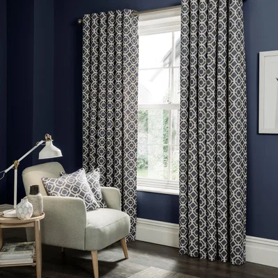 The Rug Seller Castello Geometric Curtains By Clarke And Clarke in Indigo Blue&nbsp;168x183cm
