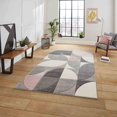 The Rug Seller Matrix MT63 Modern Geometric Rugs in Grey Rose Pink80x150cm