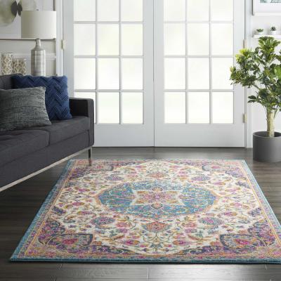 The Rug Seller Passion Vintage Distressed Medallion Rugs PSN22 in Ivory Multicolour