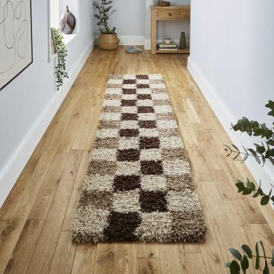 The Rug Seller Vista Shaggy Hallway Runners 2247 Check Beige Brown&nbsp;60x220cm