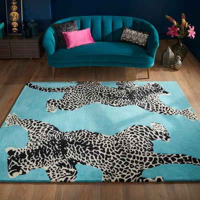 The Rug Seller Climbing Jaguar Modern Wool Rugs in Light Blue200x290cm
