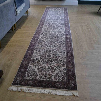 The Rug Seller Sarouck Traditional Hand Knotted Wool Runner Rug in Beige Rose Pink&nbsp;80x384cm