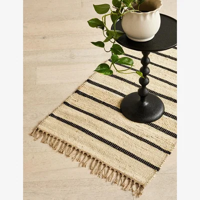 Rose & Grey Small Black and Natural Striped Tassel Rug