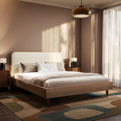 Furniture123 Walnut Double Wooden Bed Frame With Upholstered Curved Headboard - Reece