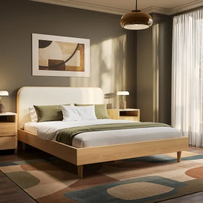 Furniture123 Oak King Size Wooden Bed Frame With Upholstered Curved Headboard - Reece
