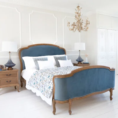 French Bedroom Love Story Blue Velvet Upholstered French Bed (Super King Size)