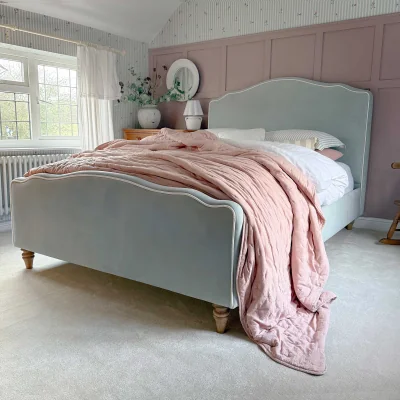 French Bedroom Debutante Pale Blue Velvet Upholstered Bed (Double Bed)