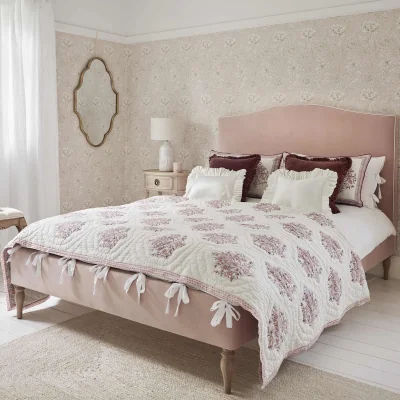 French Bedroom Soho Piped Pink Velvet Upholstered Bed (Super King Size Bed)