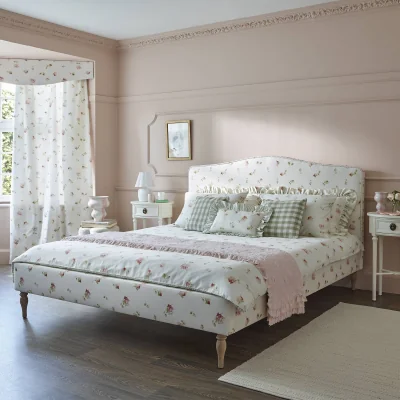 French Bedroom Nostalgic Rose Ruffle Upholstered Bed (King Size Bed)