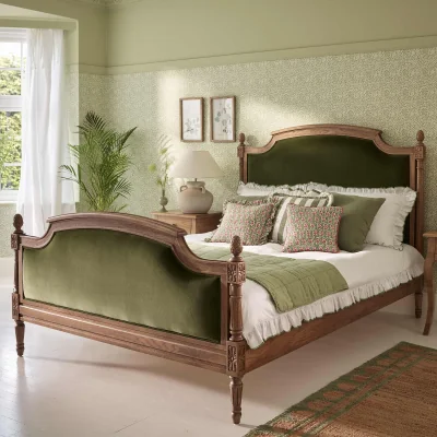 French Bedroom Love Story Olive Green Velvet Upholstered Finial Bed (King Size)