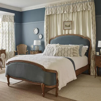 French Bedroom Love Story Blue Velvet Upholstered French Bed (Super King Size Bed)